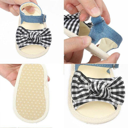 Soft Breathable Velcro Baby Shoes For 0-18 Months White Or Black - breathable infant sandal with gingham bow, Velcro strap and non-slip sole
