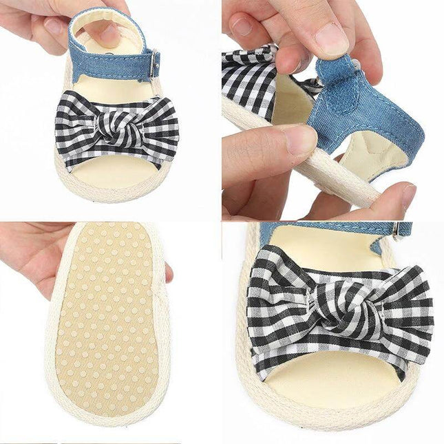 Soft Breathable Velcro Baby Shoes For 0-18 Months White Or Black - breathable infant sandal with gingham bow, Velcro strap and non-slip sole