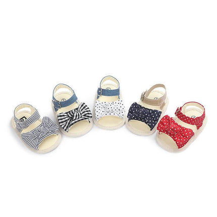 Soft Breathable Velcro Baby Shoes For 0-18 Months White Or Black - five pairs of breathable infant Velcro sandals in stripes, polka dots and solid colors