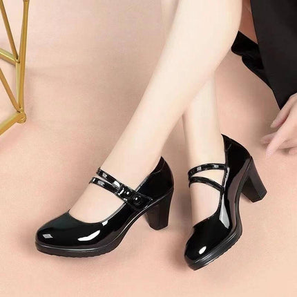 Soft Leather Women's Round Toe Pumps With Chunky Mid Heel black patent Mary Jane pumps with 3–6 cm heel for office and formal wear