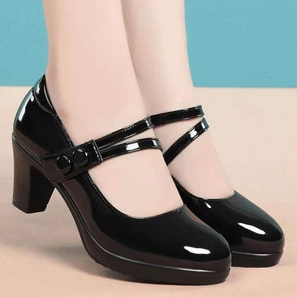 Soft Leather Women's Round Toe Pumps With Chunky Mid Heel in glossy black synthetic leather with double strap and 4cm block heel for office wear