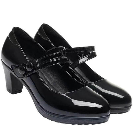 Soft Leather Women's Round Toe Pumps With Chunky Mid Heel in black patent with Mary Jane strap, 3–6 cm chunky mid heel for office and formal wear