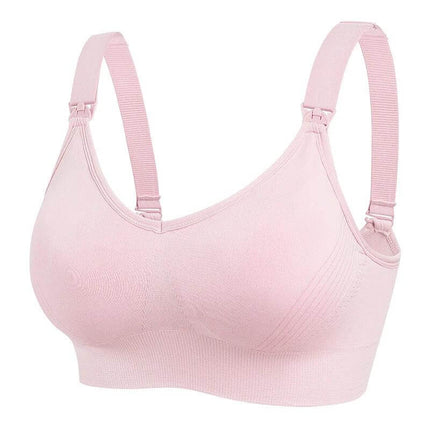 Wireless Nursing Bra With Front Buckle For Comfortable Breastfeeding - soft pink wireless nursing bra with front buckle, molded cups and double-shoulder straps for easy single-hand access