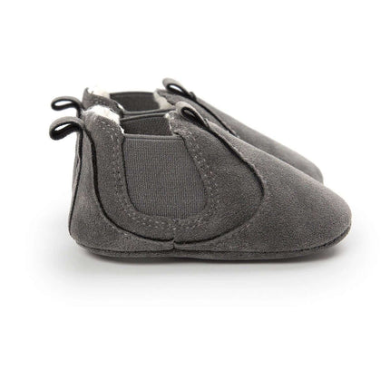 PU Leather Newborn Baby Walker Shoes For Soft Everyday Wear - gray slip-on PU leather crib shoes with padded interior, flexible lightweight sole for infants