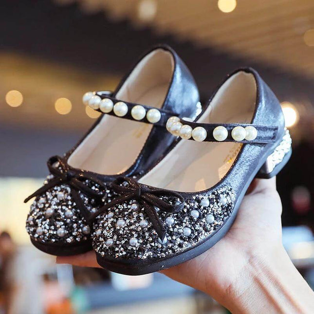 Soft Sole Girls Dress Shoes With Crystal Accent For Toddlers - black toddler Mary Jane with rhinestone and pearl strap, cushioned insole and Velcro closure
