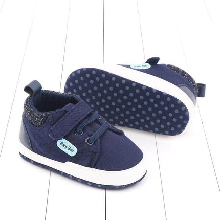 Soft Sole Velcro Baby Shoes Sizes 11 to 13cm Cartoon Non Slip navy cotton early walker with non-slip dotted sole and easy Velcro strap for daycare