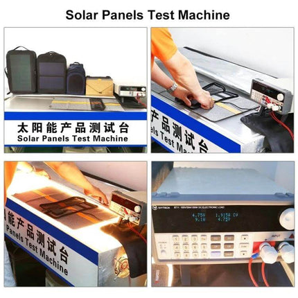 Solar Panel Backpack For Laptop With USB Charging Port shown with solar panels being tested on a solar panels test machine and USB output measurement