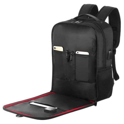 Solar Panel Backpack For Laptop With USB Charging Port black backpack open showing laptop compartment, front pockets and USB charging port