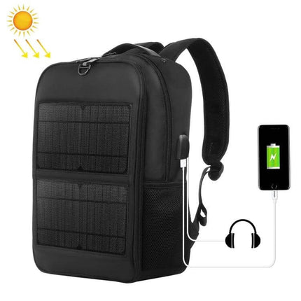 Solar Panel Backpack For Laptop With USB Charging Port shown in black with dual solar panels, USB output and power bank pocket for charging devices