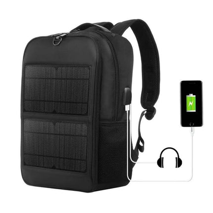 Solar Panel Backpack For Laptop With USB Charging Port black backpack with front solar panel, USB output and power bank pocket for charging devices