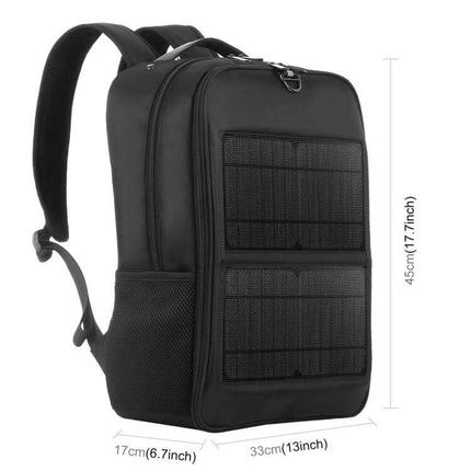 Solar Panel Backpack For Laptop With USB Charging Port black backpack with front solar panels, USB output and multiple compartments, 17.7in tall