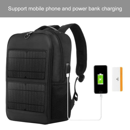 Solar Panel Backpack For Laptop With USB Charging Port black backpack showing solar panels, USB charging phone and power bank pocket