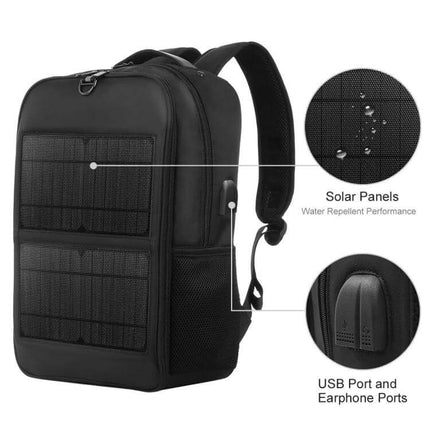 Solar Panel Backpack For Laptop With USB Charging Port shown on black water-repellent pack with USB output and multiple compartments