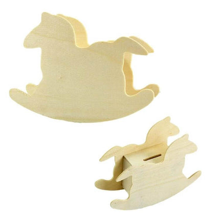 Lovely Child DIY Wooden Trojan Piggy Bank For Coins 14.8x11 cm - solid wood rocking horse coin bank for kids, shelf or wall decor