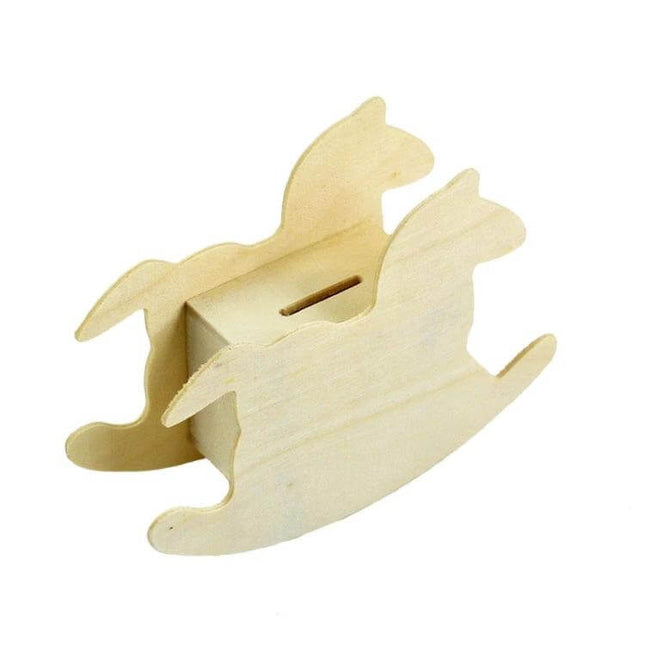 Lovely Child DIY Wooden Trojan Piggy Bank For Coins 14.8x11 cm - solid wood rocking horse coin bank for kids, natural unfinished finish, shelf or wall decor
