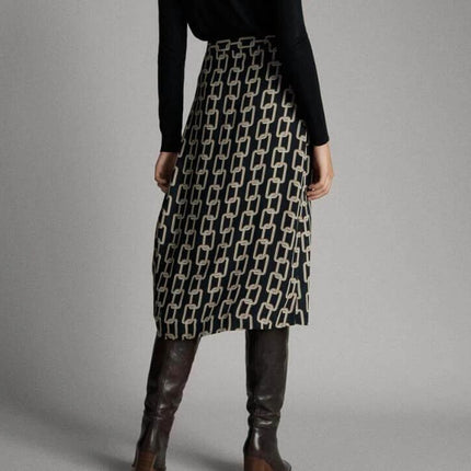 Spain Spot Print High Waist Skirt For Everyday Wear - navy spot print long A-line high-waist skirt styled with sweater and boots for casual city looks