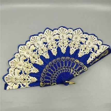 Spain Style Plastic Folding Fan With Peacock Lace For Stage - royal blue fan with cream peacock lace for cosplay and performance