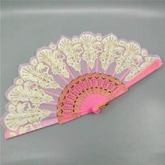 Spain Style Plastic Folding Fan With Peacock Lace For Stage - pink plastic ribs with white peacock lace, lightweight cosplay and stage prop