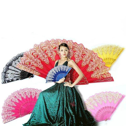 Spain Style Plastic Folding Fan With Peacock Lace For Stage held by model in green gown with red, blue, pink, yellow and black lace fans