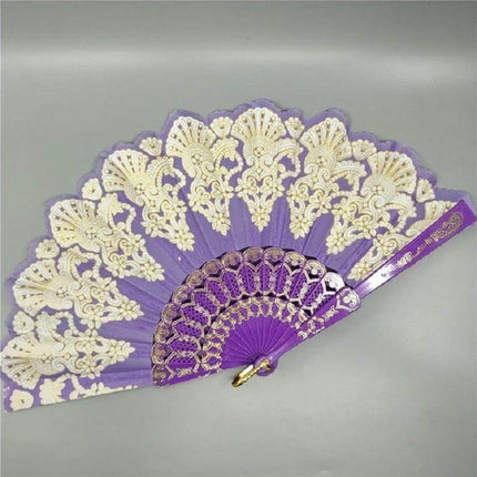 Spain Style Plastic Folding Fan With Peacock Lace For Stage - purple lace cosplay stage prop, lightweight 14-rib folding fan