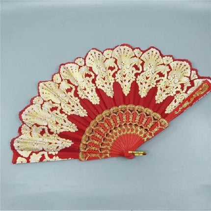 Spain Style Plastic Folding Fan With Peacock Lace For Stage - red polyester-cotton fan with 14 square plastic ribs and gold peacock lace, ideal for cosplay and performances