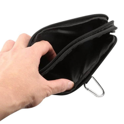 Sports Denim Phone Waist Bag Size S For Everyday Use - black denim small waist bag open showing main pocket and carabiner