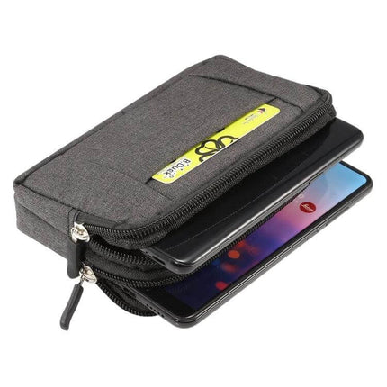 Sports Denim Phone Waist Bag Size S For Everyday Use - compact gray denim phone waist bag holding two smartphones, zip pockets, hands-free everyday carry