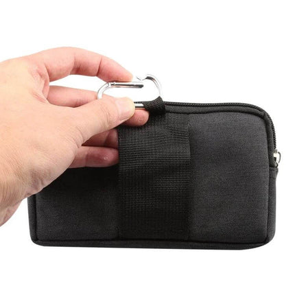 Sports Denim Phone Waist Bag Size S For Everyday Use - compact black denim phone waist pouch with carabiner and zip pocket, fits smartphones up to 5.2 inches