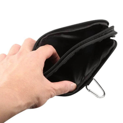 Sports Denim Universal Phone Bag Waist Bag Fits 5.5-6.3 Inch Phones - black denim zip pouch with carabiner and hand showing interior