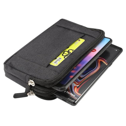 Sports Denim Universal Phone Bag Waist Bag Fits 5.5-6.3 Inch Phones - black denim double-zip waist pouch holding 6.3" smartphone and card