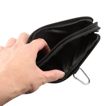 Sports Denim Universal Phone Waist Bag Size XL For Everyday Use - open black denim XL waist pouch showing interior and carabiner clip