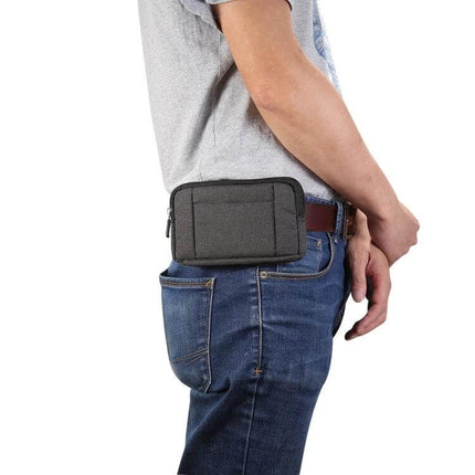Sports Denim Universal Phone Waist Bag Size XL For Everyday Use - denim XL waist bag worn on belt holding large smartphone for running and errands