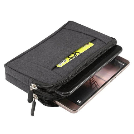 Sports Denim Universal Phone Waist Bag Size XL For Everyday Use - black denim XL pouch holding large smartphones, card slot and double zip