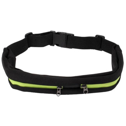 Sports Waterproof Elastic Waist Bag With Two Pockets - black running belt with neon zipper, two zippered 18cm pockets, waterproof polyester, adjustable elastic strap