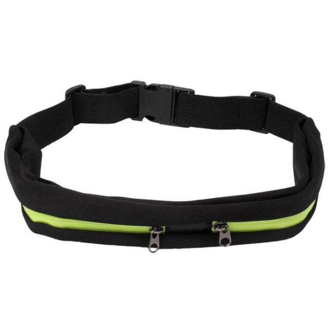 Sports Waterproof Elastic Waist Bag With Two Pockets - black running belt with neon zipper, two zippered 18cm pockets, waterproof polyester, adjustable elastic strap