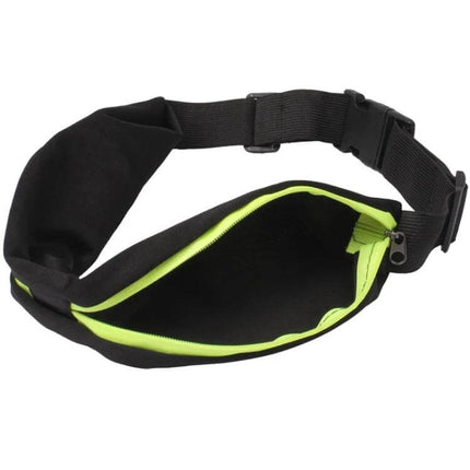 Sports Waterproof Elastic Waist Bag With Two Pockets black polyester waist bag with neon yellow zip, two 18cm zippered pockets, adjustable elastic belt