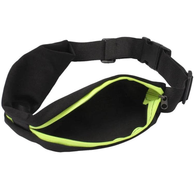 Sports Waterproof Elastic Waist Bag With Two Pockets black polyester waist bag with neon yellow zip, two 18cm zippered pockets, adjustable elastic belt