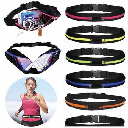 Sports Waterproof Elastic Waist Bag With Two Pockets showing zippered running belts in multiple colors with phone and earphones inside