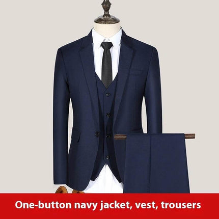 Spring And Autumn Youth Slimming Suit Set Navy Three Piece - navy coat vest and trousers on mannequin, slim formal youth outfit