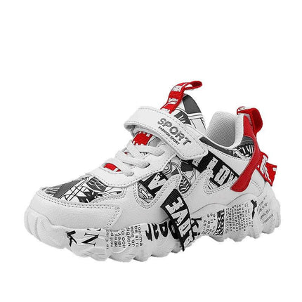Spring Sneakers Kids Velcro Shoes For Boys Everyday Play - white red boys sneaker with adjustable Velcro strap and grippy rubber outsole