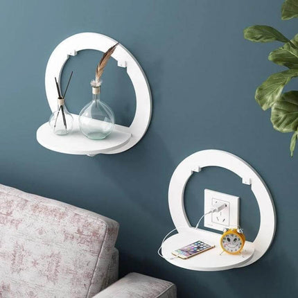 Wall Hanging Shelf For Flower Pot And Storage Square white round wall-mounted shelves holding vases, phone and clock in living room