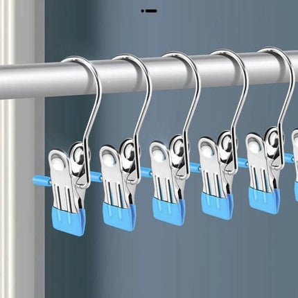 Stainless Steel Flat Clip With Hook For Laundry Drying Anti Scratch - 201 stainless steel hanging clips with anti-slip blue tips for towels and shirts