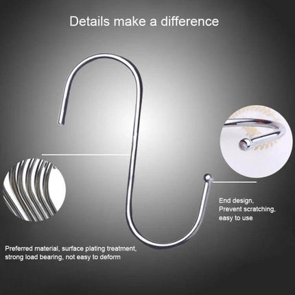 Stainless Steel S-Shaped Hooks Set Of 3 Sizes For Home Use - chrome one-piece S hook showing smooth finish and rounded end for kitchen, closet, workshop