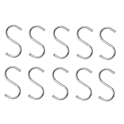 Stainless Steel S-Shaped Hooks Set Of 3 Sizes For Home Use - chrome plated S-hooks arranged in rows for hanging kitchen utensils, bags, tools