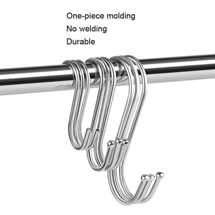 Stainless Steel S-Shaped Hooks Set Of 3 Sizes For Home Use - chrome one-piece molding hooks on a rail, durable no-weld design, kitchen and closet organizer