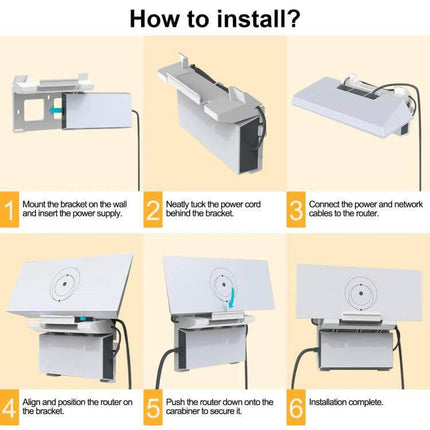 Starlink Router And Power Supply 2 In 1 ABS Bracket installation diagram showing wall mounting, cable routing and router placement