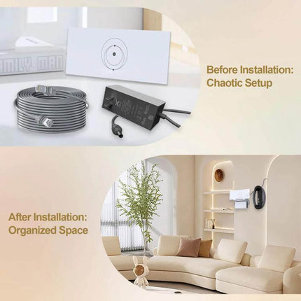 Starlink Router And Power Supply 2 In 1 ABS Bracket mounted on wall showing before chaotic cables and after organized living room setup