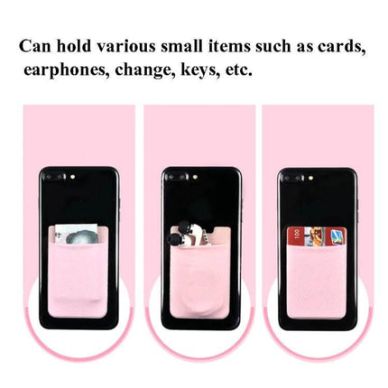 Stretch Lycra Phone Back Wallet Ultra Thin Card Holder shown on phones holding cards, earphones, coins and keys in a slim pink pocket