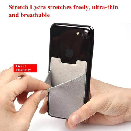 Stretch Lycra Phone Back Wallet Ultra Thin Card Holder on phone showing elastic slim gray card pocket holding cards and earphones