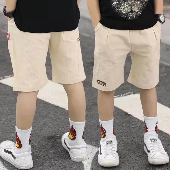 Summer Boys' Shorts - Cropped Cargo, Size 100-140 cm beige cropped cargo shorts with pockets for active kids, shown front and back